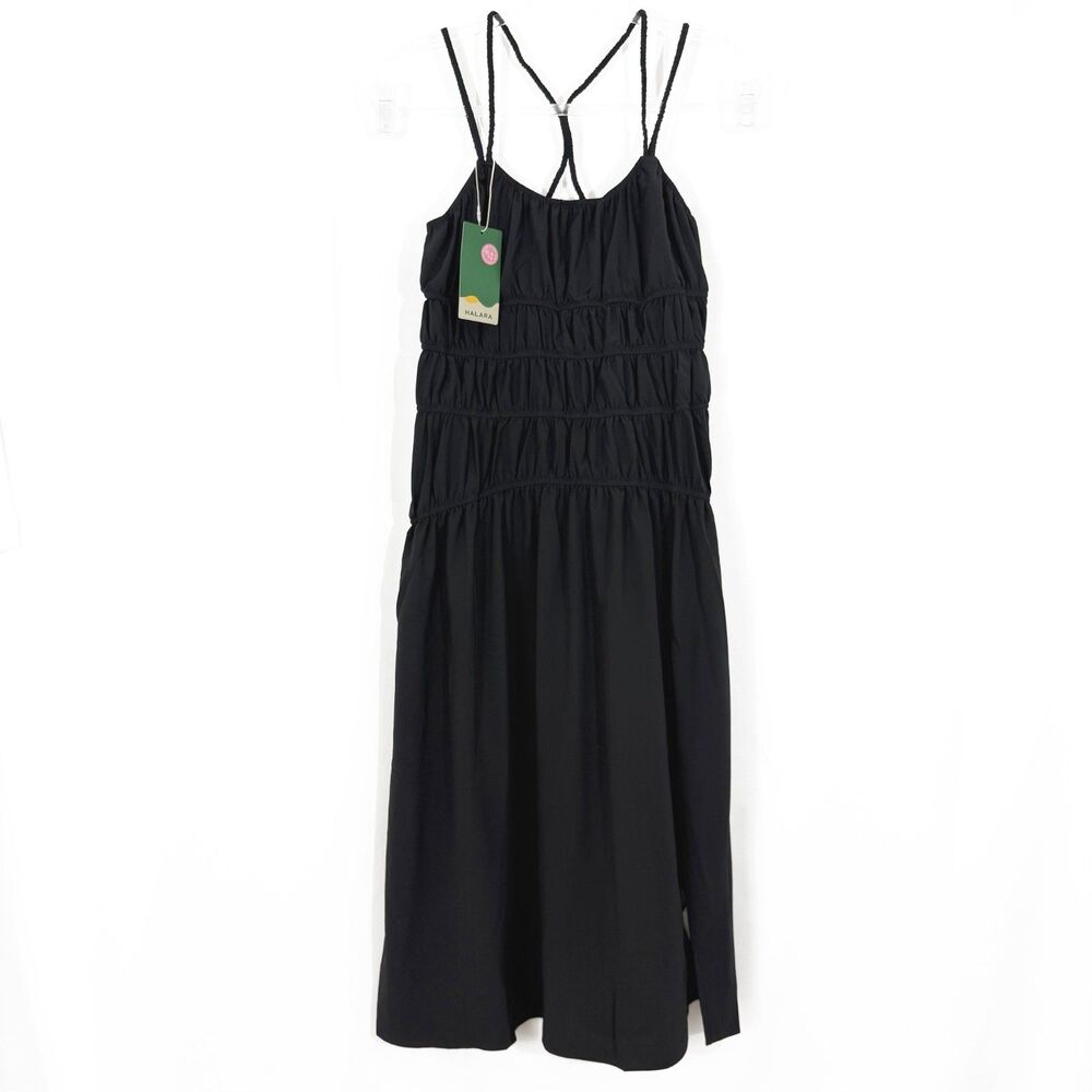 HALARA Smocked Bodice Midi Crossback Strappy Dress XS Black Quick Dry NWT B81